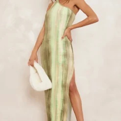 Robe Asymétrique Longue Plissée Verte Imprimé Aquarelle à Dos échancré