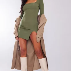 Tall Robe Moulante Fendue Kaki Côtelée à Col Carré Et Manches Longues -Jolie Vêtue Soldes Magasin 5f9bcf0f4ea3b89542568bcead6d8bcf8f3f2125 cnb6654 3