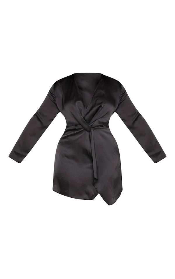 Plus Robe Cache-coeur Noire Satinée à Manches Longues Torsadée 5 Plus Robe Cache-coeur Noire Satinée à Manches Longues Torsadée – Image 3