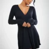 Robe Patineuse Manches Longues Noire En Jersey Style Cache-coeur