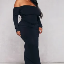 Logic Plus Robe Bustier Mi-longue Côtelée Noire à Col Bardot Et Manches Longues