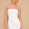 Robe Bustier Droite Satinée Blanche à Bordure Repliée