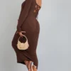 Maternité Robe Moulante De Grossesse Longue En Maille Tricot Chocolat à Nouer Derrière
