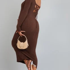 Maternité Robe Moulante De Grossesse Longue En Maille Tricot Chocolat à Nouer Derrière
