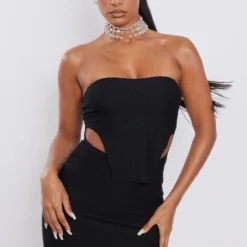 Robe Bustier Texturée Noire à Ourlet Tombant