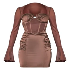 Robe Moulante Satinée Chocolat à Détail Corset Et Manches En Mesh -Jolie Vêtue Soldes Magasin 605a434d519cbfbe72f5d3b036648a245de60015 cnb7394 5