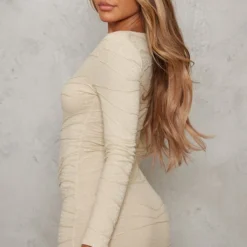 Robe Moulante Sable Clair Texturée à Col Rond Et Manches Longues -Jolie Vêtue Soldes Magasin 60cce6cc55b695098caad10745e37008a59bce75 cnd1273 2