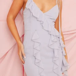 Robe Droite En Mousseline De Soie Bleu-gris Volantée Drapée à Bretelles -Jolie Vêtue Soldes Magasin 60cfa3e5006755fe7a5b9cf879be2d3b6f452213 cnd2217 4