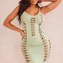 Shape Robe Moulante En Coton Vert Sauge Kaki Lacée à Dos Ouvert