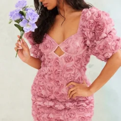 Robe Moulante Vieux Rose Appliquée à Col Bardot Et Détail Bonnets