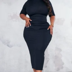 Plus Robe Mi-longue Côtelée Noire à Col Montant Et Demi Manches -Jolie Vêtue Soldes Magasin 61d2d2b07481f41f1d081d0468bf7e543c6e33be cnc2223 3