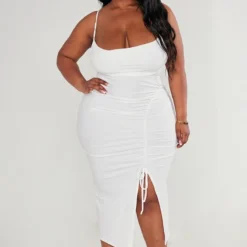 Plus Robe Mi-longue En Jersey Doux Froncé Crème à Col Bénitier