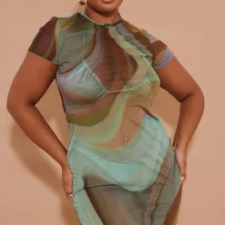 Plus Mini Robe De Plage Moulante En Mesh Multicolore Imprimé Abstrait Effet Marbré