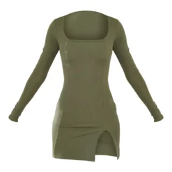 Tall Robe Moulante Fendue Kaki Côtelée à Col Carré Et Manches Longues -Jolie Vêtue Soldes Magasin 624ca6e194d6fa89917b3c02132459e361005216 cnb6654 5