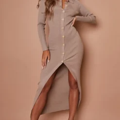 Robe Longue Côtelée Gris Pierre à Boutons