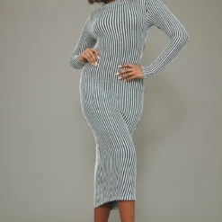 Robe Mi-longue Côtelée Bicolore Kaki à Col Montant