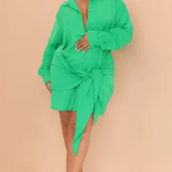 Plus Robe Chemise Vert Vif à Nouer Devant