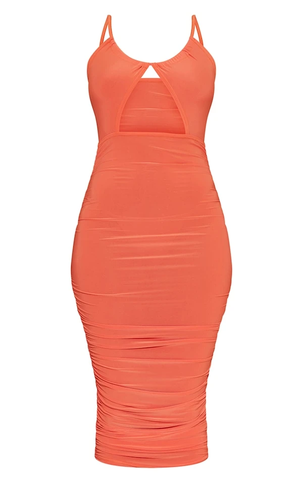 Robe Longue Moulante Froncée Orange à Bretelles Et Découpe Goutte D'eau 7 Robe Longue Moulante Froncée Orange à Bretelles Et Découpe Goutte D'eau – Image 5