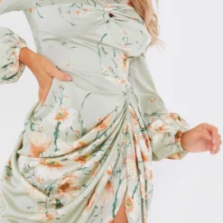 Robe Moulante Torsadée Vert Sauge Imprimé Floral à Buste Effet Drapé -Jolie Vêtue Soldes Magasin 63b94ab4b9349110967de22071a1969026d96359 cmq2161 5