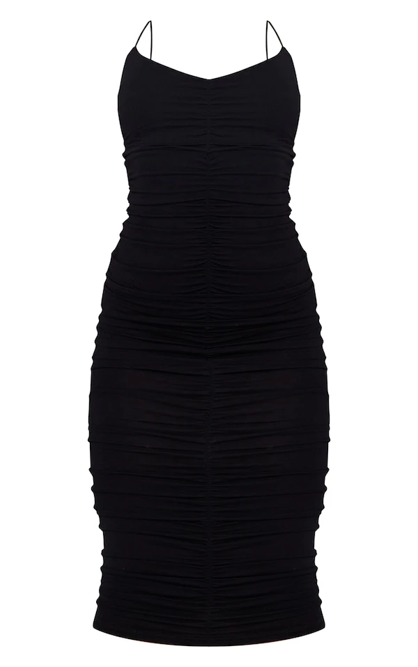 Robe Mi-longue Noire Très Froncée à Bretelles Fines 7 Robe Mi-longue Noire Très Froncée à Bretelles Fines – Image 5