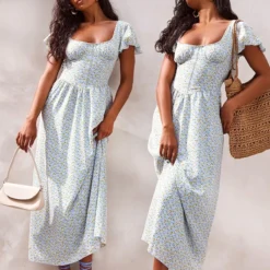 Robe Mi-longue Bleue Fleurie à Détail Corset