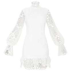 Robe Moulante Volantée Blanche à Col Haut Et Manches Longues En Dentelle -Jolie Vêtue Soldes Magasin 6441725cc12ffe55b61dc3e705b66bc453f6515b cmn2682 5