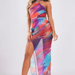Robe Fendue Longue En Mesh Multicolore Imprimé Abstrait à Dos Nu