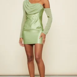 Robe Moulante Asymétrique En Mousseline De Soie Satinée Sauge Drapée -Jolie Vêtue Soldes Magasin 6554373d5212aa7674d9891c652dd54cf0cabe1d cnd0357 3