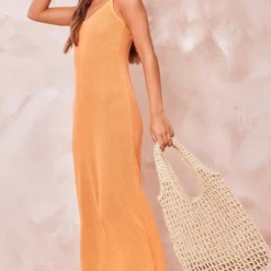 Robe Longue Côtelée Texturée Orange à Bretelles Nouées -Jolie Vêtue Soldes Magasin 65ce482edc2c831fdfde7aff1035813cac08a691 cne6491 3