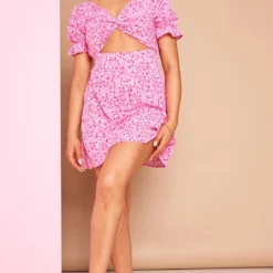 Robe Droite Rose Imprimé Abstrait à Découpe Et Devant Torsadé -Jolie Vêtue Soldes Magasin 66302475c62cd6deda60db048382bd403314fc60 cnd4036 3