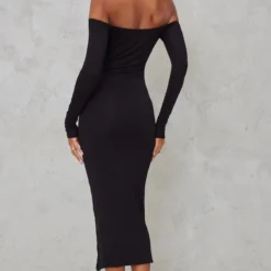Robe Mi-longue En Jersey Noir à Liserés Contrastants Et Col Bardot -Jolie Vêtue Soldes Magasin 678d2fa480ca293ae5e1b1901e170c713bbb475c cnb9586 2