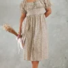 Plus Robe Mi-longue Taupe à Imprimé Petites Fleurs Et Manches Bouffantes