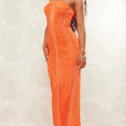 Robe-bustier Longue Drapée Orange Vif à Franges -Jolie Vêtue Soldes Magasin 68afc944113b52cd7593cf05b7d2bca923b4976d cne7701 3
