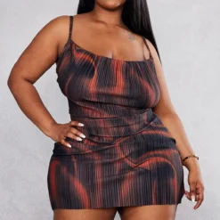 Plus Robe Moulante Satinée Plissée Chocolat à Imprimé Tourbillons Et Col Bénitier -Jolie Vêtue Soldes Magasin 68fd2316199f79b94d21a68dc40f472557745d1a cnc9753 3