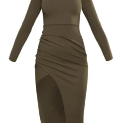 Robe Mi-longue Crêpée Kaki à Col Montant Et Manches Fendues -Jolie Vêtue Soldes Magasin 69067c32d48485b819057c0efc897a98319fc62d cnc7632 5