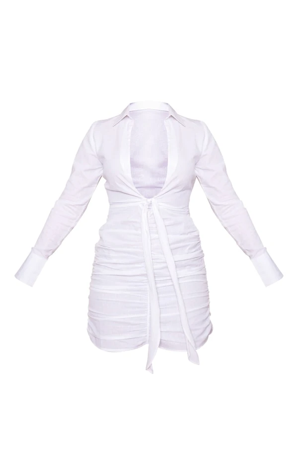 Robe Chemise Décolletée Froncée Blanche Effet Lin 7 Robe Chemise Décolletée Froncée Blanche Effet Lin – Image 5