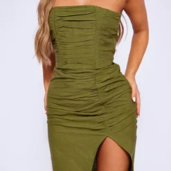 Robe Bustier Mi-longue Kaki Effet Lin Froncée Plissée -Jolie Vêtue Soldes Magasin 699a0a51e0870575f6798132aa543d54619092f1 cne1444 4