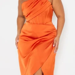 Plus Robe Mi-longue Satinée Orange à Détail Drapé Et Ourlet Fendu -Jolie Vêtue Soldes Magasin 69bd925d80f15809005f7dc77c66c1e2442cfe12 cmu5772 5
