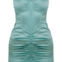 Robe Moulante Satinée Bleu Sarcelle à Corset Et Jupe Froncée Détail Bretelles -Jolie Vêtue Soldes Magasin 6b64b44de535fa8bf31a8d2d6c0ea58c27801264 cmy0036 5