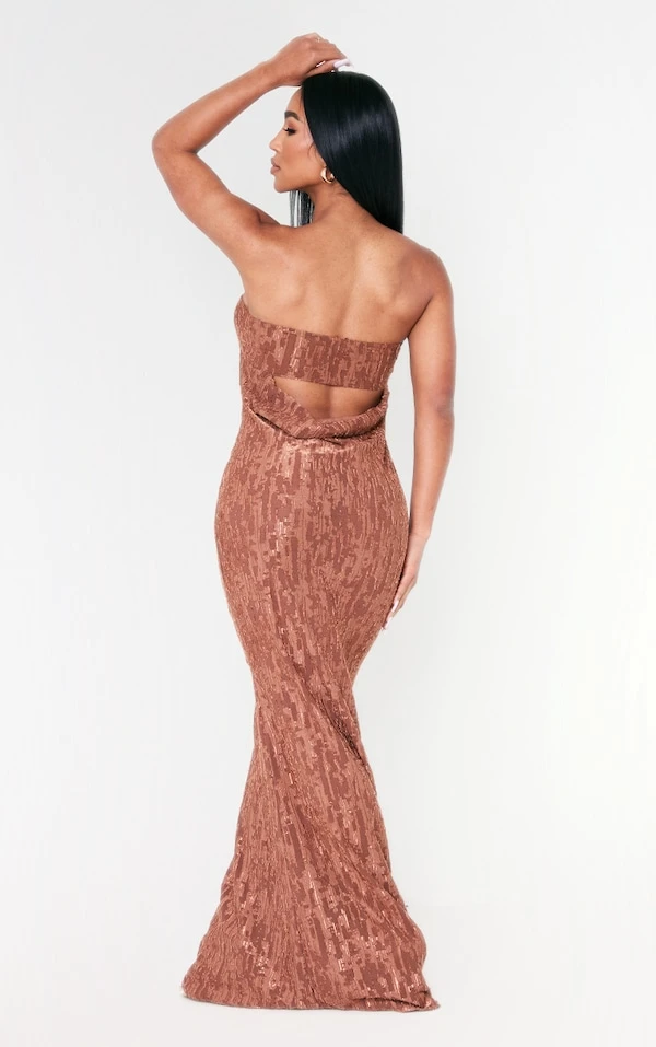 Robe Longue Bustier Texturée Marron Chocolat Métallisée à Dos Bénitier 5 Robe Longue Bustier Texturée Marron Chocolat Métallisée à Dos Bénitier – Image 3