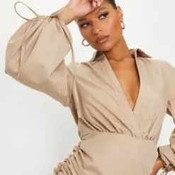 Robe Chemise Moulante Décolletée Gris Pierre Froncée à Manchettes Nouées -Jolie Vêtue Soldes Magasin 6b7d566da162291760cede7a23d003ca0b0e14e6 cmo2092 4