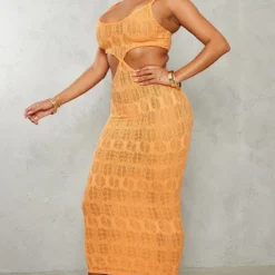 Shape Robe Longue Texturée Orange Découpée à Bretelles -Jolie Vêtue Soldes Magasin 6c221932dc3bb0023f4421c6ba671acaf88f9368 cne9736 3