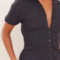 Robe Chemise Effet Lin Noir à Manches Courtes Et Taille Cintrée -Jolie Vêtue Soldes Magasin 6c2900c449dc471fc5170da7247c68fc9fc8f48d cnd4041 4