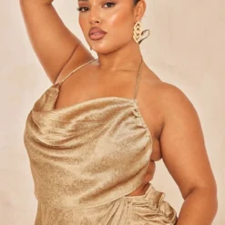 Plus Robe Longue Satinée Dorée à Col Bénitier -Jolie Vêtue Soldes Magasin 6dee6e295db944721769950328d81b1909c40f24 cne1843 4