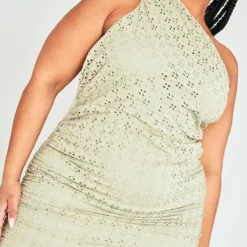 Plus Robe Froncée Mi-longue Vert Sauge à Broderie Anglaise -Jolie Vêtue Soldes Magasin 6e51b3e7d5e645125251367d020a03dab78d09dd cnd5029 4