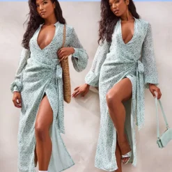 Shape Robe Portefeuille Mi-longue Satinée Verte Imprimé Petites Fleurs