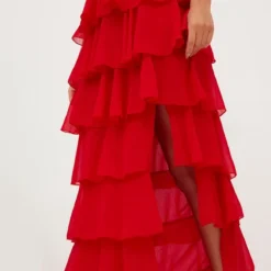 Robe Longue Rouge En Mousseline à Volants -Jolie Vêtue Soldes Magasin 705afa519d2c2f5c348835048168f34f22d3a6b4 CLT9812 5