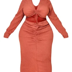 Plus Robe Mi-longue Texturée Froncée Rouille à Découpe -Jolie Vêtue Soldes Magasin 713ab17b9e0f89291affcf8d4cdb1c72c4a3a84e cmw3067 6