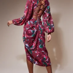 Robe Mi-longue En Mousseline De Soie Prune Imprimée à Lacer Dans Le Dos Et Manches Longues -Jolie Vêtue Soldes Magasin 7167d9701476d5e2f30fd783d737a78850c611af cnc3054 1