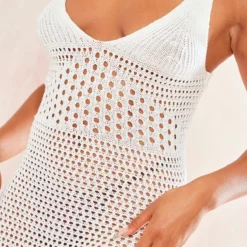 Robe Longue En Maille Crochet Blanche à Parties Contrastantes Et Bretelles -Jolie Vêtue Soldes Magasin 71ff38b7858f279e077d329ffbcea098afc2dffb cne6264 4